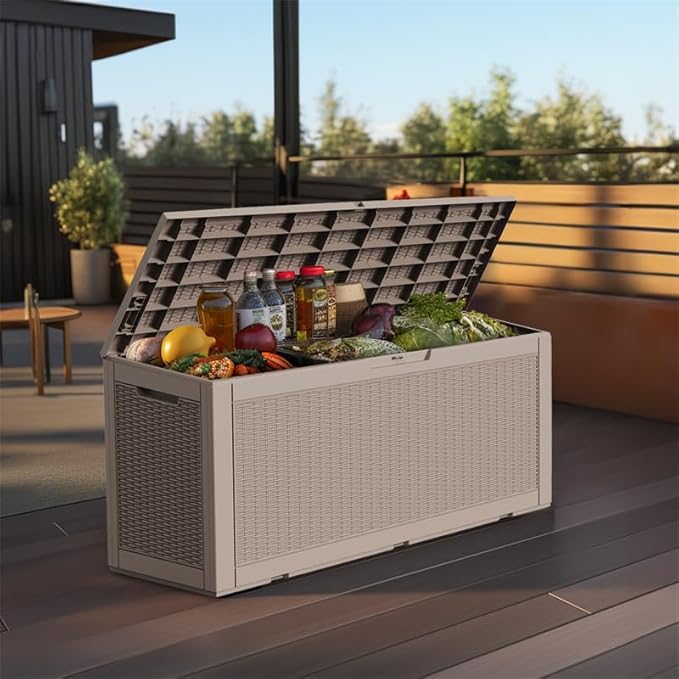 DRATO 100 Gallon Large Deck Box, Outdoor Storage Box for Patio Furniture, Patio Cushions, Gardening Tools, Pool Supplies,660lbs Weight Capacity,Waterproof Resin Storage Boxes-Ruum Studio Home