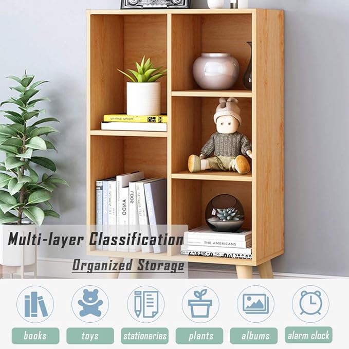 IOTXY Wooden Open Shelf Bookcase - 3-Tier Floor Standing Display Cabinet Rack with Legs, 5 Cubes Bookshelf, Pear Yellow-Ruum Studio Home