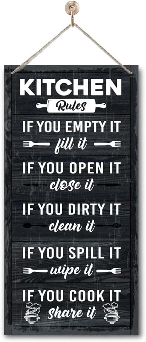 Hanging Kitchen Rules Wood Decor Sign, Rustic Kitchen Wooden Signs, Printed Wood Wall Art Sign, Kitchen Door Rules Rustic Sign, Hanging Wood Sign Kitchen Decor, Funny Farmhouse Kitchen Wall Décor A1-Ruum Studio Home