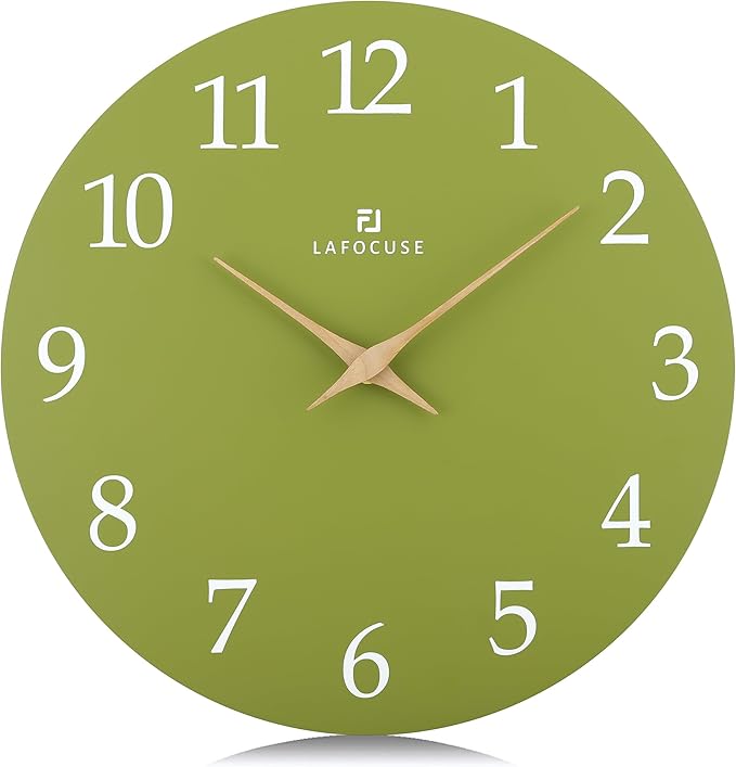 Lafocuse 12 Inch Silent Olive Green Wall Clock Battery Operated for Living Room Decor, Simple Minimalist Wooden Wall Clock for Kitchen Bedroom Office-Ruum Studio Home