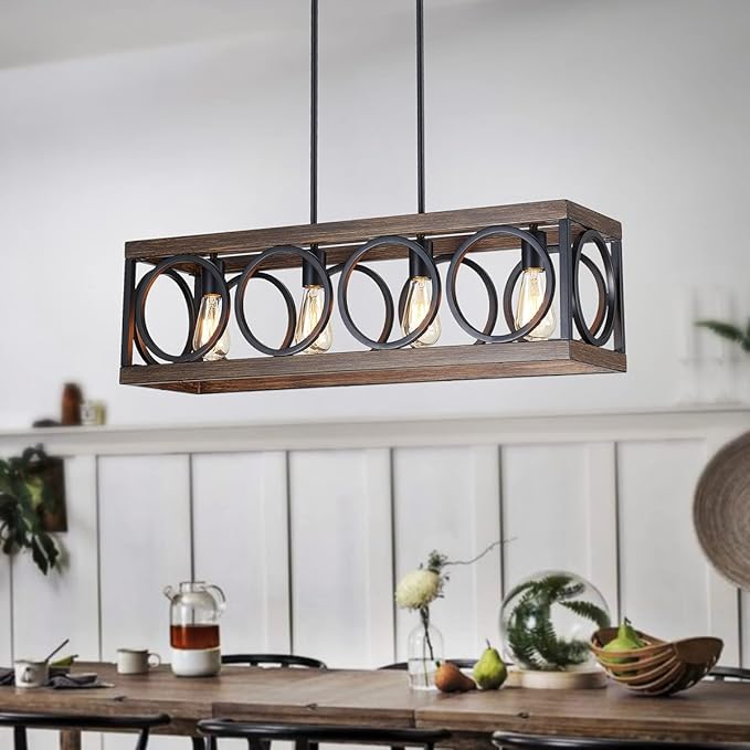 XINGQI Black Kitchen Island Light Fixtures, Farmhouse Dining Room Chandelier Rectangular Linear Chandeliers Pendant Ceiling Light Fixture for Bar Office Coffee Shop 4-Light Wood Grain-Ruum Studio Home