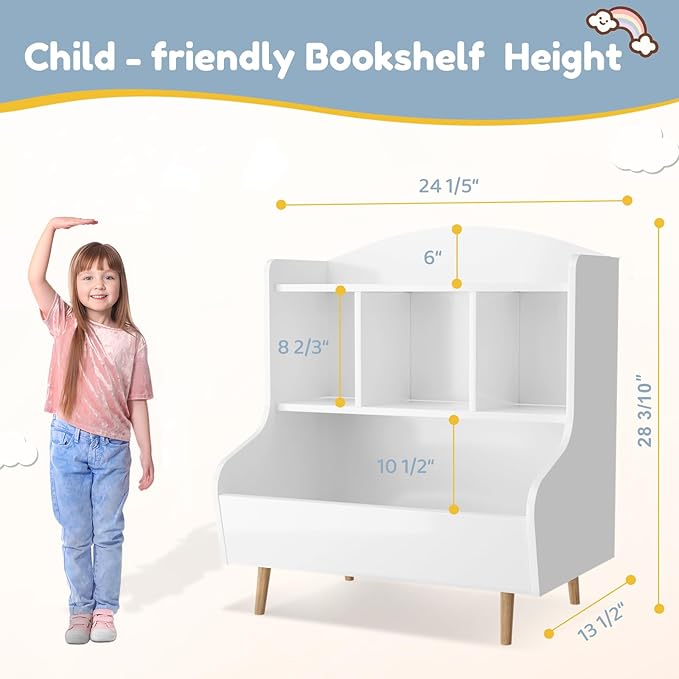 Toy Storage Organizer, 3 Tier Floor Standing Toddler Bookshelf with Legs, 5 Cube Kids Bookshelf and Toy Storage, Book Shelf for Kids Room, Living Room, Nursery, White-Ruum Studio Home