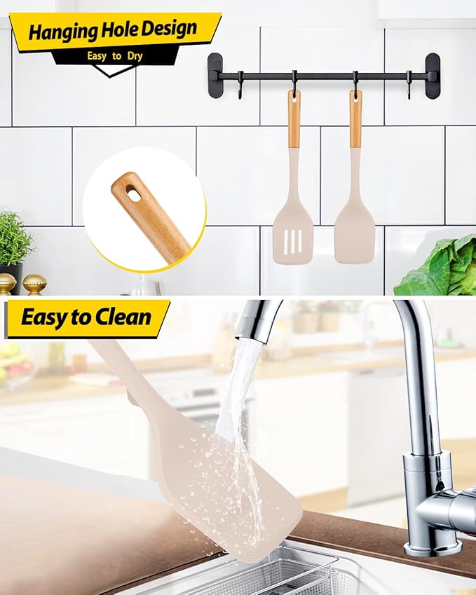 Pack of 2 Large Silicone Spatula, Heat Resistant Solid Turner, Non Stick Slotted Spatulas with Wooden Handle, Ideal Kitchen Utensils for Flipping, Pancakes, Eggs, Fish(KHAKI)-Ruum Studio Home