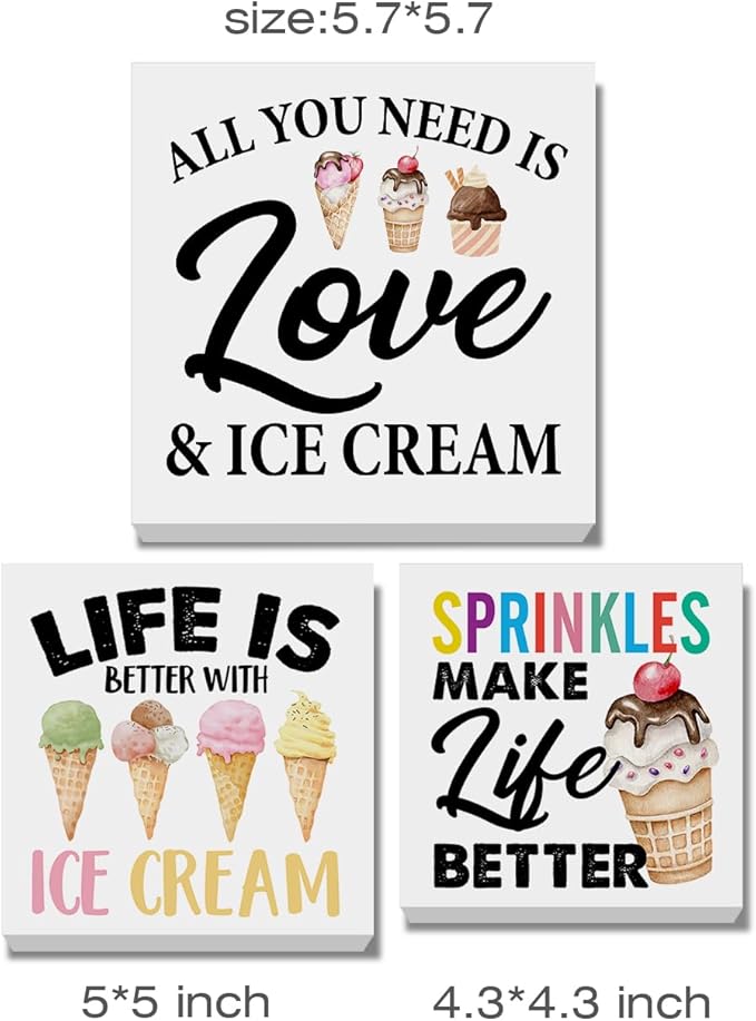 3 Pcs Summer Ice Cream Wood Box Signs Decor Farmhouse Summer Ice Cream Tiered Tray Decor Table Desk Shelf Kitchen Decoration Rustic-Ruum Studio Home