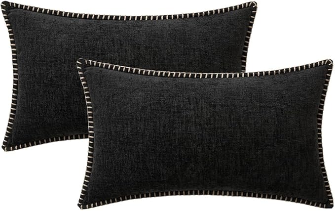 MIULEE Pack of 2 Couch Throw Pillow Covers 12x20 Inch Black Farmhouse Decorative Pillow Covers with Stitched Edge Soft Chenille Solid Dyed Spring Pillow Covers for Sofa Bed Living Room-Ruum Studio Home