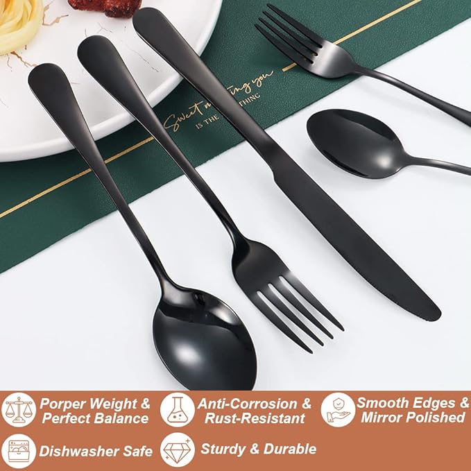 Lazycorner 50 Pcs Black Silverware Set for 10, Mirror Polished Flatware Set Stainless Steel Fork Knife Spoon, Food Grade Eating Utensils Sets, Reusable Silverwear Cutlery Set, Dishwasher Safe-Ruum Studio Home