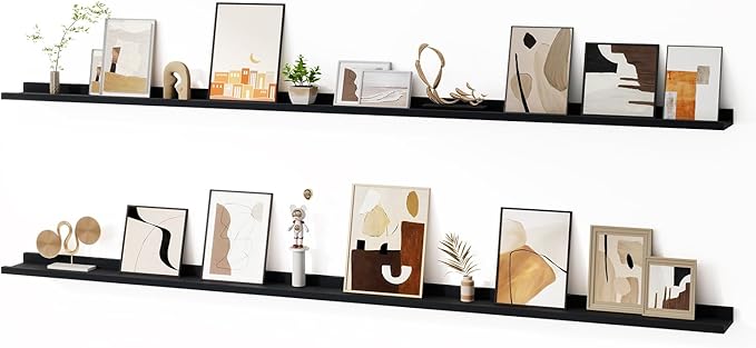 Floating Picture Ledge Shelves for Wall Set of 2, 84 Inches Picture Ledge Shelf with Long Large Nursery Book Shelf for Toys Storage Kids Bookshelf Wall Mounted Living Room Bedroom Decor Frames, Black-Ruum Studio Home