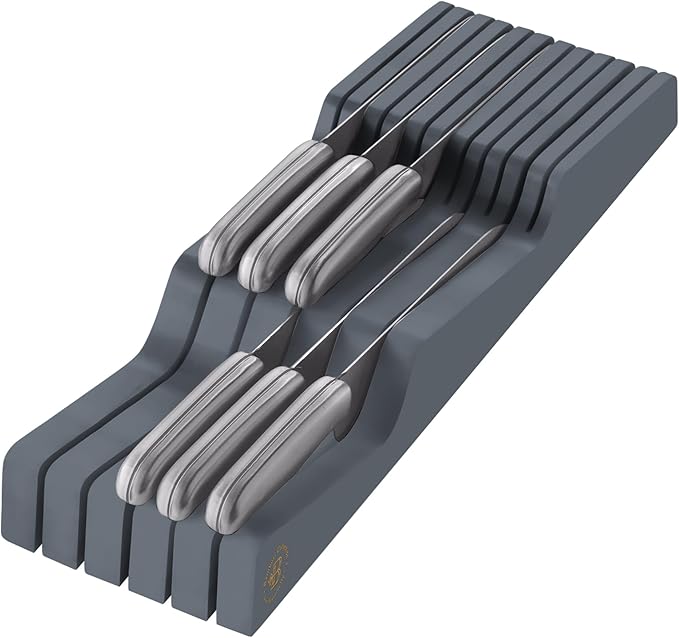 In-Drawer Knife Block - Bamboo Knife Drawer Organizer for Kitchen - Fits 5 Long + 6 Short Knives, Store Knives with Blades Pointing Down - Wooden Steak knife Holder without Knives (Grey)-Ruum Studio Home