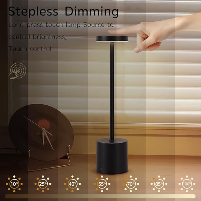 Cordless Table Lamp, 5000mAh Rechargeable Battery Powered LED Desk Lamp, Portable Touch Control Outdoor Table Lamps,3 Color Dimmable Light for Restaurant, Patio, Bedroom, Night Lamp (Black)-Ruum Studio Home