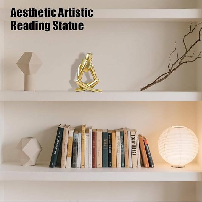 Bookshelf Decor Reading Statue - Abstract Art Thinker Sculpture Bookend for Shelves Aesthetic, Modern Home Decoration Figurine for Living Room Office Shelf Desk Coffee Table Decor(Gold Right)-Ruum Studio Home