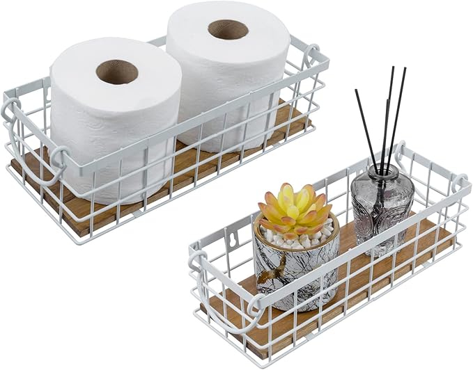 MyGift 13 and 12 Inch Nesting Storage Baskets with Handles, Wall Mounted or Tabletop White Metal Wire and Premium Acacia Wood Decorative Shelf Organizer Bins, 2 Piece Set-Ruum Studio Home