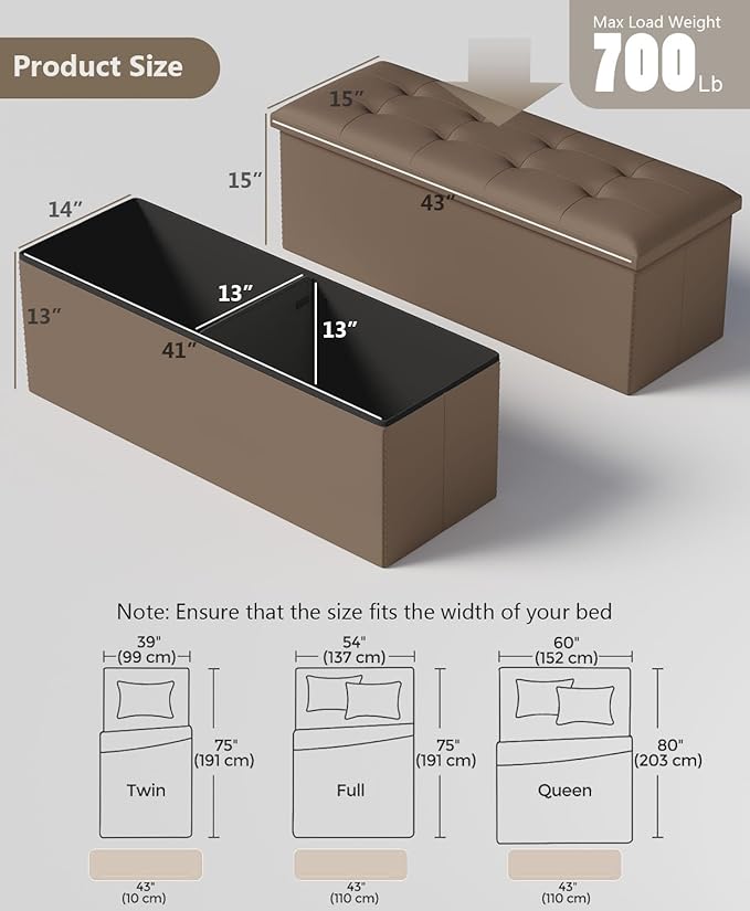 Storage Ottoman Bench, Folding Ottoman Foot Rest, End of Bed Bench,Storage Chest, for Living Room, Bedroom, Hallway, Entryway, Holds up to 700 lb (BROWN1, 43")-Ruum Studio Home