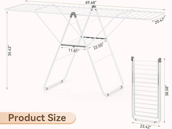 APEXCHASER Clothes Drying Rack, Foldable Drying Rack Clothing, Sturdy Metal Laundry Drying Rack, Height-Adjustable Gullwing, Easy to Fold, Space-Saving, for Indoor Outdoor, White-Ruum Studio Home