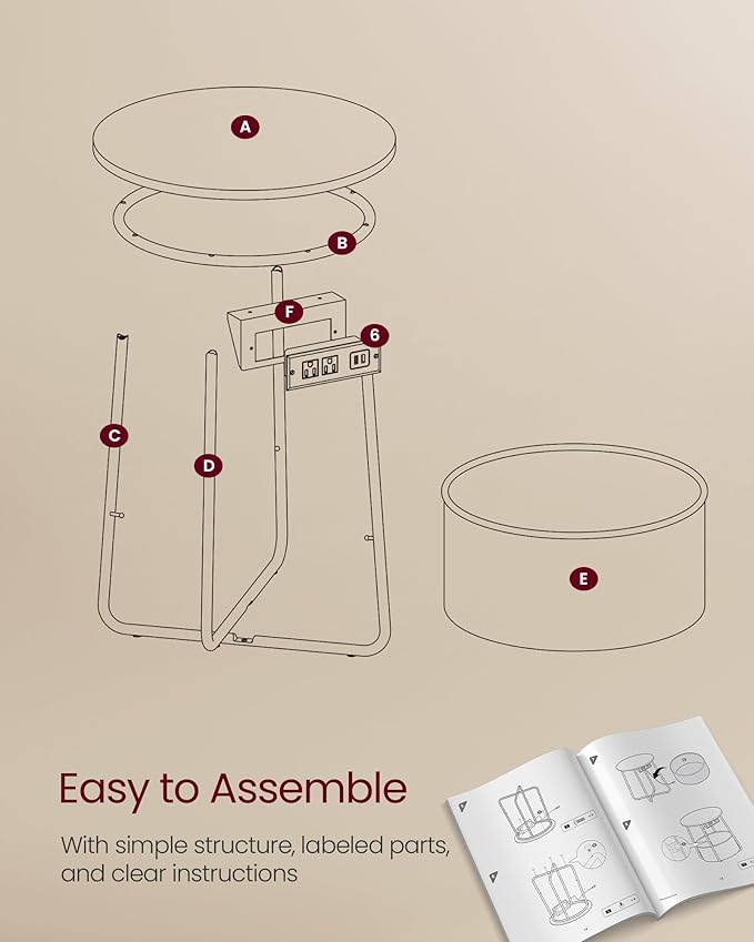 VASAGLE Side Table with Charging Station, Round End Table with Fabric Basket, Nightstand with Power Outlets, USB Ports, for Living Room, Bedroom, Modern, Matte White and Camel Brown ULET228W01-Ruum Studio Home