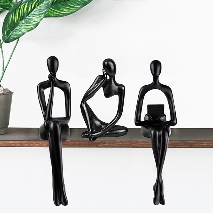 Home Decor Thinker Statue Accents, Set of 3 Thinker Sculptures Office Decor Modern Abstract Resin Decoration on Shelf Table Desk for Living Room Office Bedroom (Large Black)-Ruum Studio Home