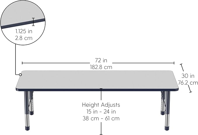 FDP Rectangle Activity School and Classroom Kids Table (30 x 72 inch), Chunky Toddler Leg, Adjustable Height 15-24 inches - Gray Top and Navy Edge-Ruum Studio Home