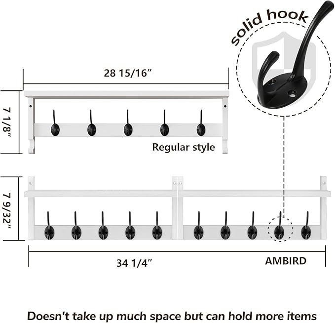 AMBIRD 34.2" L Wooden Wall Coat Hooks with Shelf - Versatile and Decorative Wall-Mounted Storage - 10 Hooks for Hanging Coats, Hats, Keys, Bags, Scarves - Ideal for Entryways, Bedrooms, Closets(White)-Ruum Studio Home