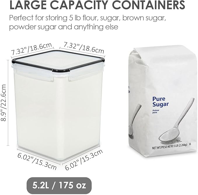 Vtopmart 4 PCS Large Food Storage Containers 5.2L / 175oz, 4 Pieces BPA Free Plastic Airtight Canisters for Flour, Sugar, Baking Supplies, Rice with Lids, 4 Measuring Cups and 24 Labels, Black-Ruum Studio Home