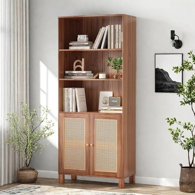 Tall Bookshelf, 5-Tier Book Shelf with 2 Rattan Doors, Freestanding Bookcase Display Shelves with Large Storage, Book Case for Living Room, Office, Study, Bedroom, 70.9 Inch-Ruum Studio Home