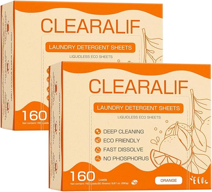 CLEARALIF Laundry Detergent Sheets (320 Loads), Orange,Great For Travel,Apartments, Dorms,CLEARALIF Laundry Detergent Strips Eco Friendly & Hypoallergenic (80 Count, Pack of 2)-Ruum Studio Home