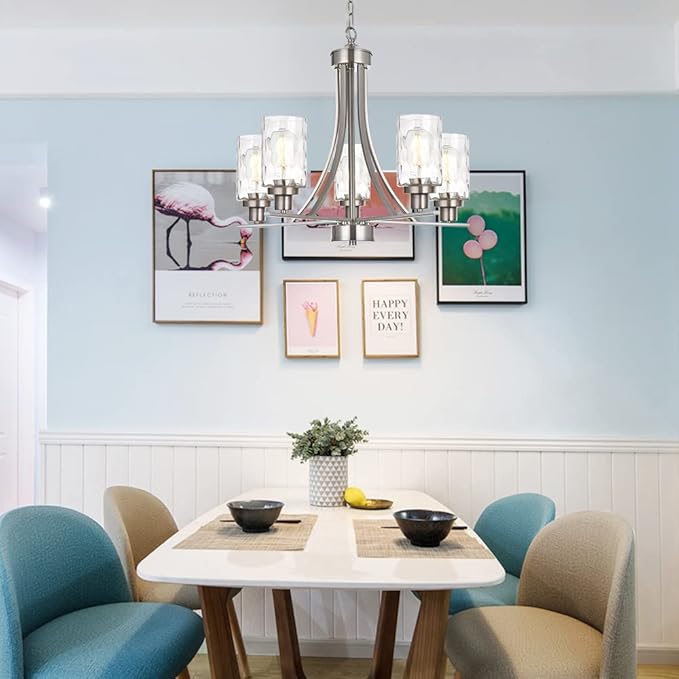 BONLICHT 5 Light Modern Chandeliers Brushed Nickel Kitchen Island Dining Room Lighting Fixtures Ceiling Hanging Clear Hammered Glass Pendant Lamp Transitional Pendant Lights for Living Room Foyer-Ruum Studio Home