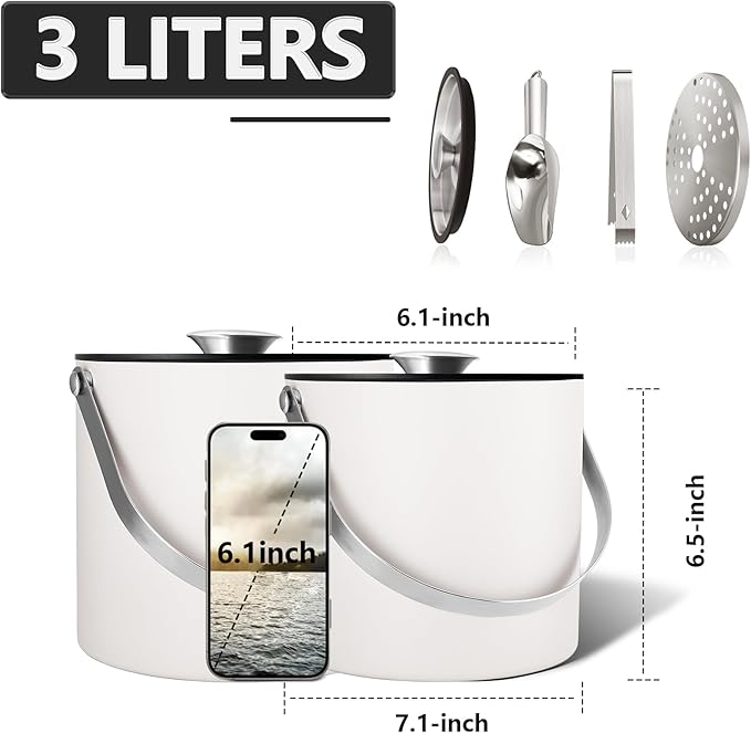 Insulated Ice Bucket with Silicone Lid, Scoop, Tongs & Strainer, 3L Stainless Steel Double Wall Ice Buckets for Parties & Cocktail Bar, Champagne Ice Bucket with Lid for Freezer, Ivory-Ruum Studio Home