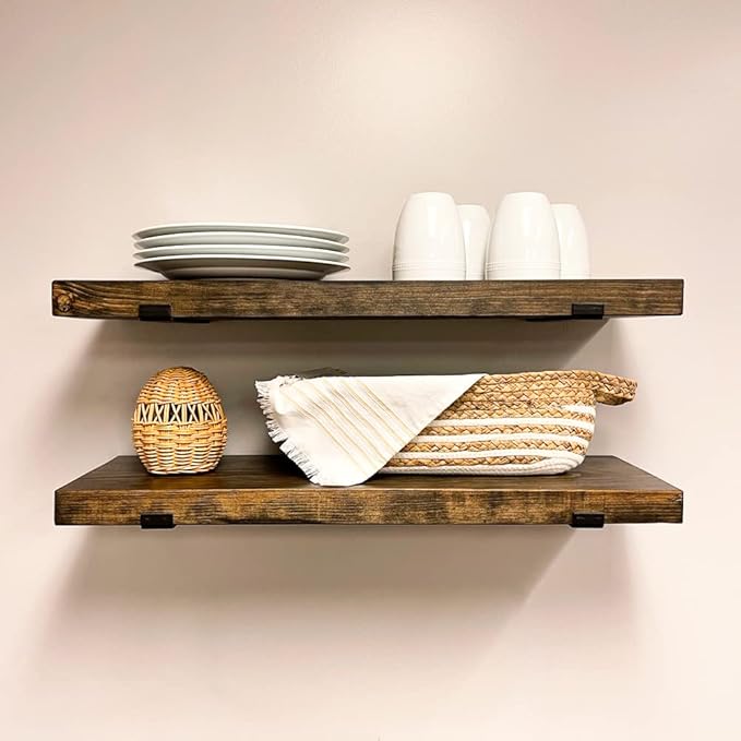 Rustic Shelves with J-Brackets Set of 2, Industrial Shelf, Kitchen Shelves, Solid Wood, Decorative Wall Storage, Heavy Duty, URBANDI (Dark Brown, 12Wx12D)-Ruum Studio Home