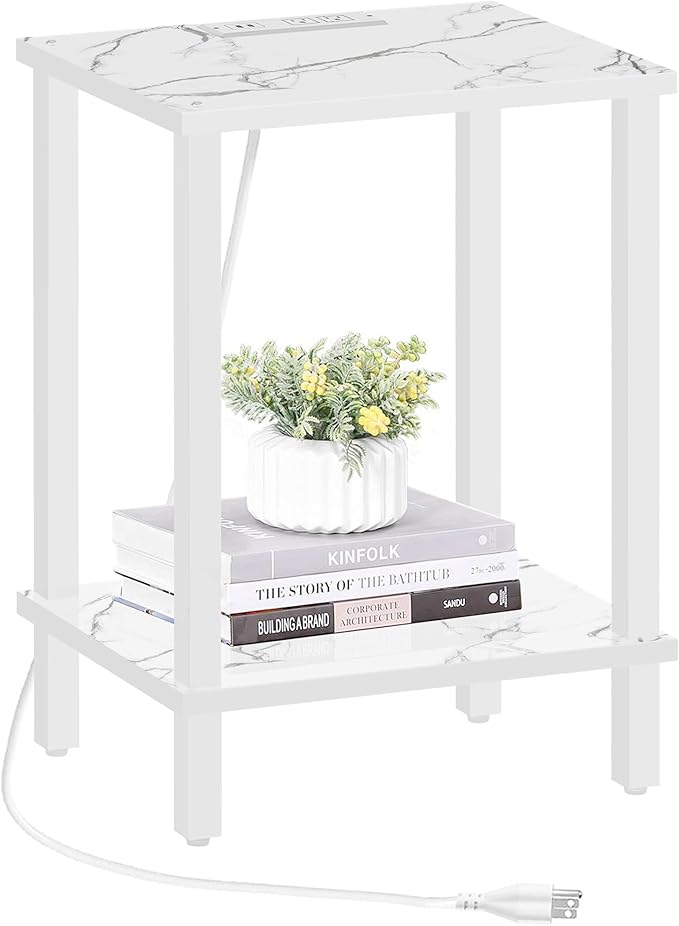 TUTOTAK End Table with Charging Station, Small Side Table with Outlets, Nightstand Bedside Table, 2-Tier Storage Shelf for Small Space, Living Room, Bedroom, Marble White TB01BMW040-Ruum Studio Home