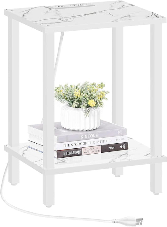 TUTOTAK End Table with Charging Station, Small Side Table with Outlets, Nightstand Bedside Table, 2-Tier Storage Shelf for Small Space, Living Room, Bedroom, Marble White TB01BMW040-Ruum Studio Home