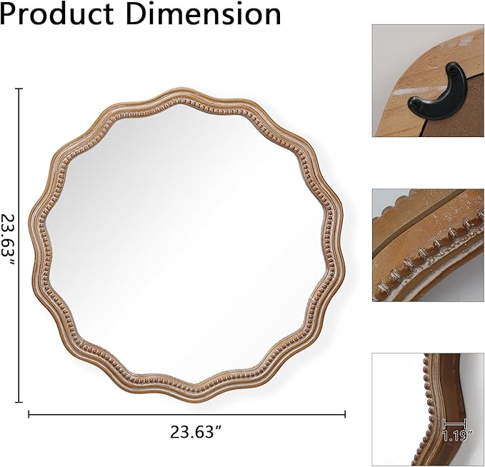 Round Mirror Vanity Mirrors for Bathroom with Wavy Wood & Beaded Frame - Wall Mirrors for Living Room,Entry Mirrors for Wall,Decorative Mirror-Ruum Studio Home