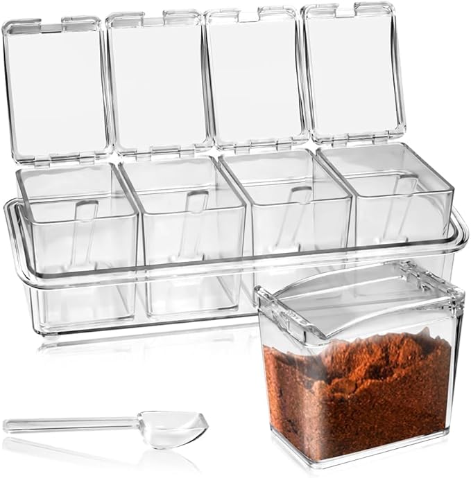 4-Cell Clear Seasoning Rack Spice Box, Storage Container Condiment Jars Acrylic Seasoning Box with Cover and Spoon (Basic Clear)-Ruum Studio Home