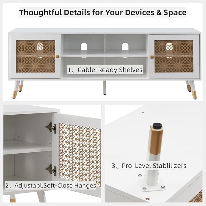 JYED Mid Century Modern TV Stand and Console for TVs Up to 75" - White Entertainment Center, 2 Gold Metal Mesh Doors & MDF Wood Grain, 15.8" D x 66" W x 23.5" H-Ruum Studio Home