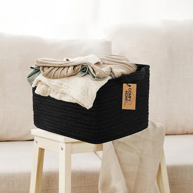 COMFY-HOMI 3PACK Cotton Rope Woven Basket With Handles for Shelves, Toy, Book, Cloth Storage Basket for Organizing|13.5" x 11" x 9.5" Decorative Nursery Cube Bin for Living Room（all Black）-Ruum Studio Home