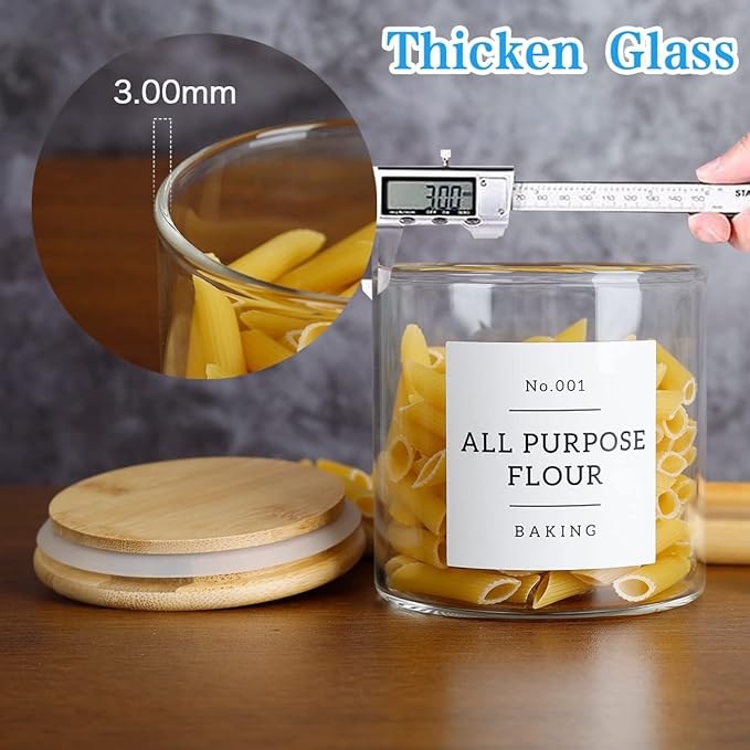 20 OZ Glass Food Storage Jars with 132 Pantry Labels Preprinted - 6 Pcs Thicken Glass Storage Containers with Airtight Bamboo Lid - Clear Kitchen Canister for Spice, Tea, Coffee, Sugar, Cookie, Candy-Ruum Studio Home