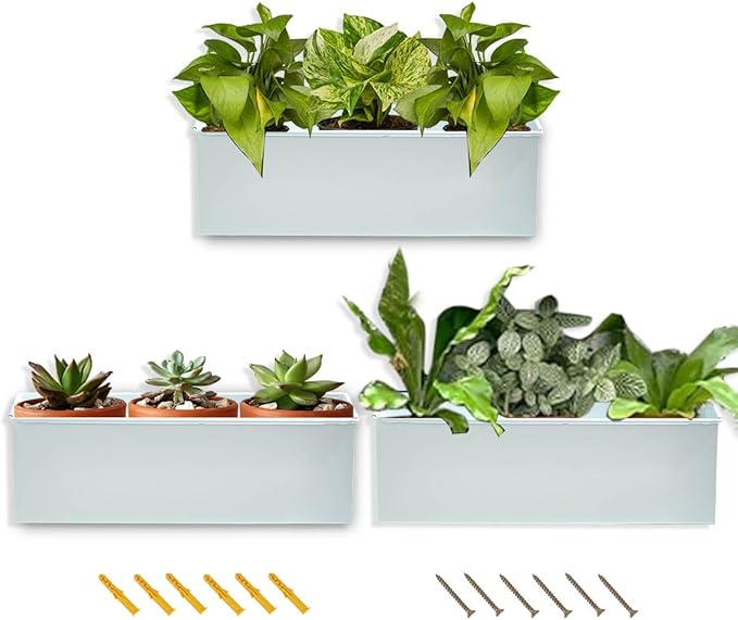 vensovo Metal Wall Hanging Planter Boxes – 12" Rectangle Flower Pots, 3 Pack with Drainage, Durable Galvanized Finish for Indoor Outdoor Balcony Fence Windowsill, White-Ruum Studio Home