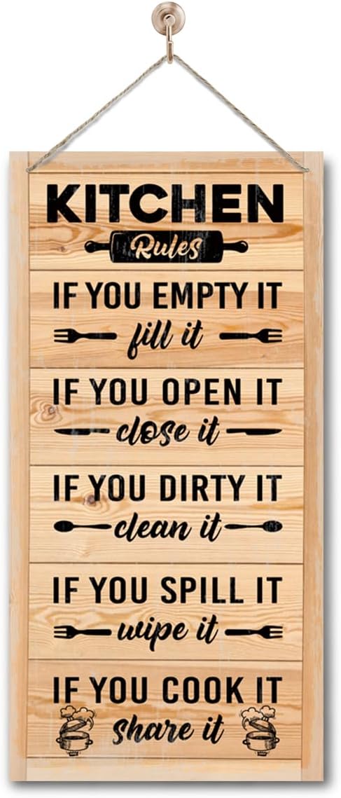 Hanging Kitchen Rules Wooden Sign, Rustic Kitchen Decor, Printed Wall Art, Funny Farmhouse Wall Decor-Ruum Studio Home