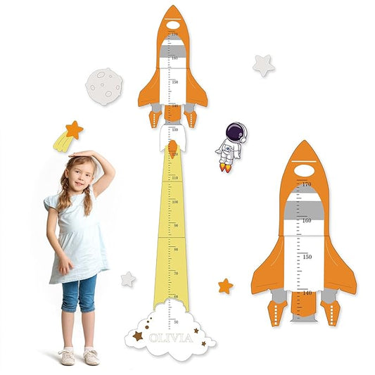 Personalized Name Height Chart for Kids, Cute Rocket Wooden Growth Chart for Kids, Wall Height Chart for Children, Cute Wall Ruler for Kids, Track Height Measurement, Easy to Install-Ruum Studio Home