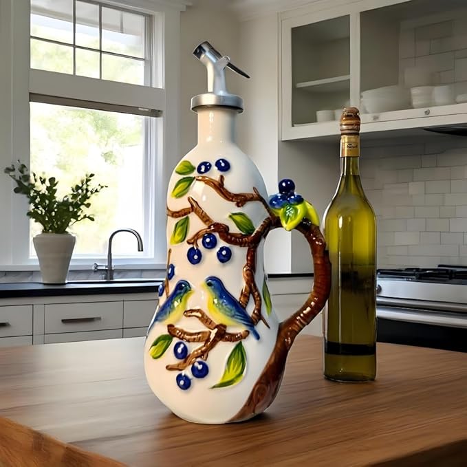 18.26oz/540ml Ceramics Olive Oil Dispenser Bottle,Hand Painted Reliefs Oil Dispenser for Kitchen,Oil Bottles for Kitchen (Blueberry)-Ruum Studio Home