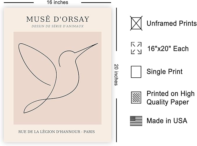 Poster Master Vintage Poster - Retro One Line Hummingbird Drawing Print - Bird Line Art - Minimal Gift for Him, Her, Animal Lover - Abstract Decor for Home, Office - 16x20 UNFRAMED Wall Art-Ruum Studio Home