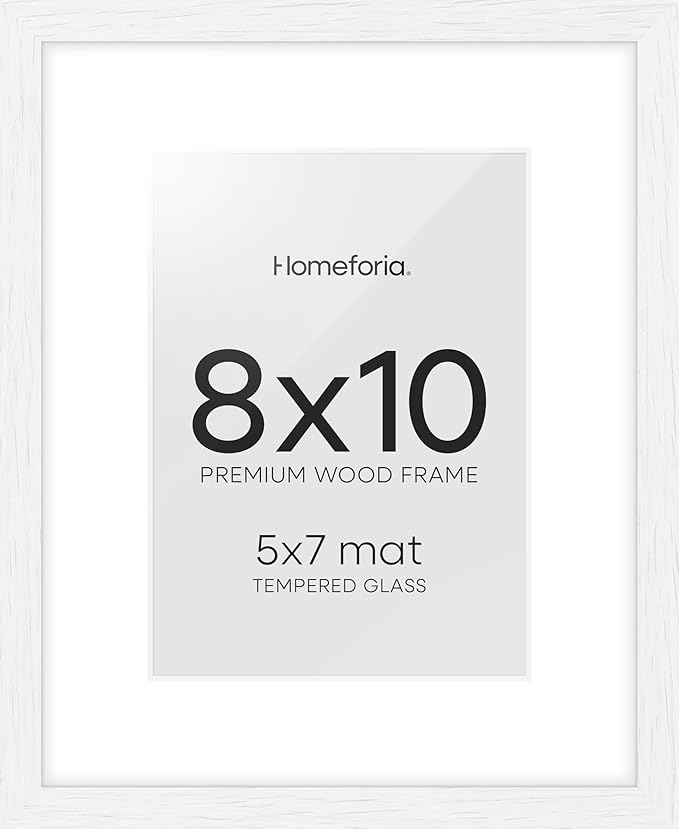 Homeforia 8x10 Picture Frame White, High End Oak 8 x 10 Wooden Frames with Mat 5 by 7 Print, 8x10 Wood Frame Matted to 5x7 inch Photo, 8by10 Wall or Tabletop Frames, Tempered Glass, Wall Kit, Set of 1-Ruum Studio Home