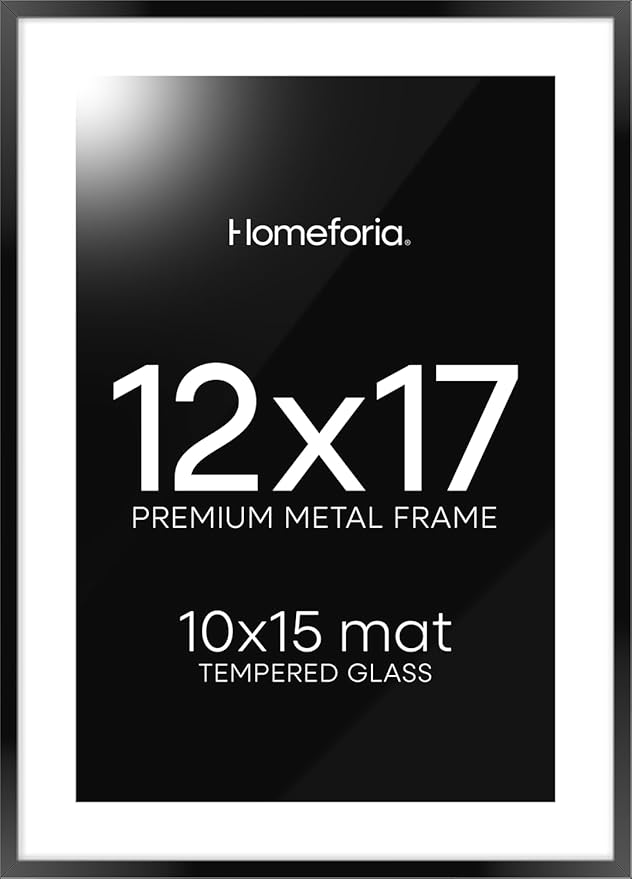 Homeforia 12x17 Picture Frame Black, High End Metal 12x17 Poster Frames with Mat 10x15 for Photo, 12 x 17 Black Frame Matted to 10 x 15 inch Print, 17x12 Thin Frame, Tempered Glass, Wall Kit, Set of 1-Ruum Studio Home