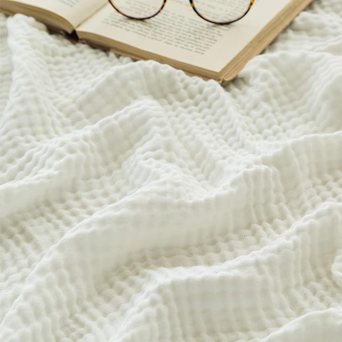 EMME Cotton Throw Blanket for Couch Soft Muslin Blankets 50"x60" Lightweight Breathable Blanket All Season Gauze Blanket, White-Ruum Studio Home