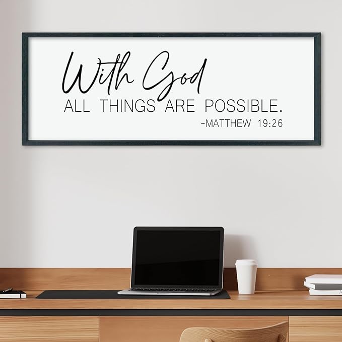 LuZhiQiang With God All Things Are Possible Wall Decor 40"×15" Matthew 19:26 sign Bible Verse Scripture for Living Room Large Wood Framed Wall Hanging Art (Black)-Ruum Studio Home