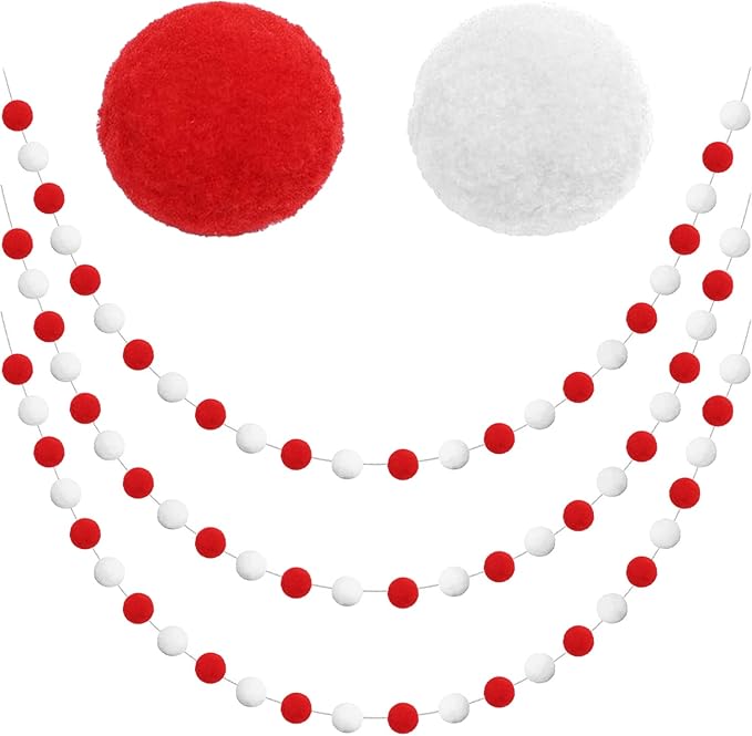 Jishi 3-Pack Pom Pom Garland Red and White Felt Ball Ornament Garland Christmas Decorations, Cute Pompom Strings for Christmas Tree Decor, Xmas Holiday Party, Birthday Banner - 6.6 Feet Long, 24 Balls-Ruum Studio Home