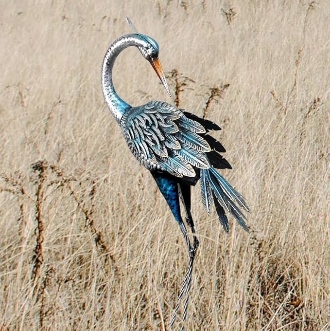 37 Inch Blue Heron Crane Statue, Metal Yard Art Outdoor Decoy, Garden Sculpture for Lawn/Pond Decoration, 1Pc, ORTBL-CR24053A-18-Ruum Studio Home