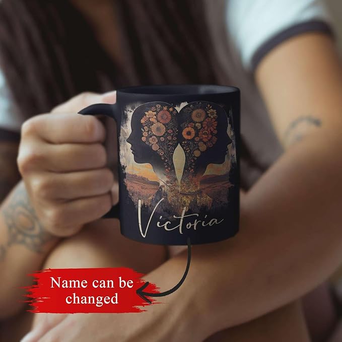 Personalized Autumn Landscape Black Cup, Custom Name Coffee Mug 11oz 15oz, Custom Floral Silhouette Ceramic Cup, Gifts for Women, Zodiac Inspired Coffee Mug, Gifts for Birthday-Ruum Studio Home