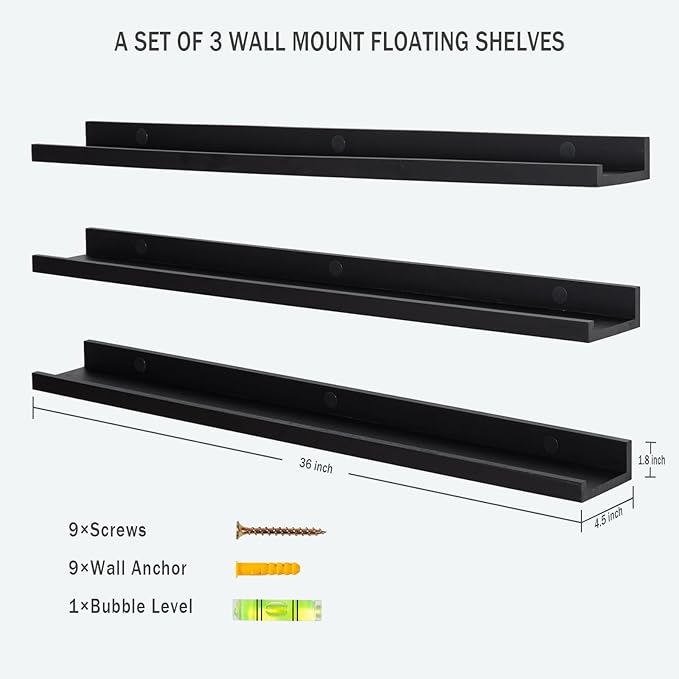 AZSKY Floating Picture Ledge Shelves for Wall Set of 3, 36 Inch Photo Shelves with Lip Long Large Nursery Book Shelf for Toys Storage Kids Bookshelf Wall Mounted Living Room Bedroom Decor Frames-Ruum Studio Home