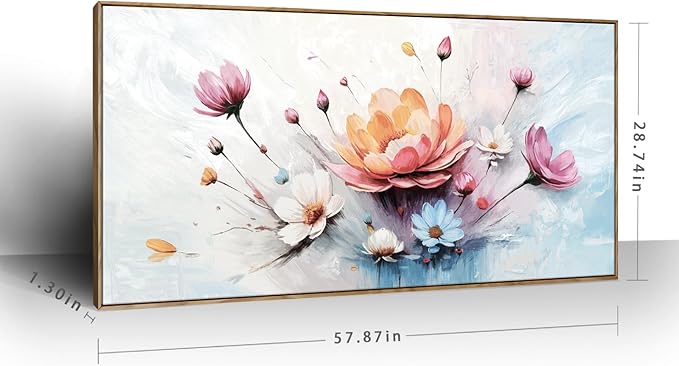 amatop Framed Floral Canvas Wall Art – Oversized Pink Blue Abstract Bloom Flower Print Daisy & Peony Picture Elegant Botanical Nature Large Artwork for Living Room Bedroom Dining Entryway Decor 58x29 inch-Ruum Studio Home