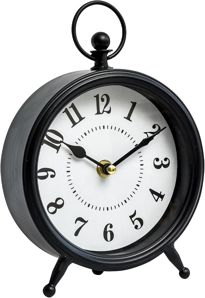 Vintage Non-Ticking Black Table Clock with Stand, Decorative Clock for Desk and Shelf, Rustic Farmhouse Style Mantel Timepiece-Ruum Studio Home