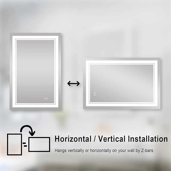 WELLFOR LED Bathroom Vanity Mirror 24 x 36 Inch, Lighted Anti-Fog Dimmable Mirror, IP44 Waterproof Wall Mounted Makeup Mirror, Packed with US Standard Plug and Touch Switch, (Horizontal/Vertical)-Ruum Studio Home
